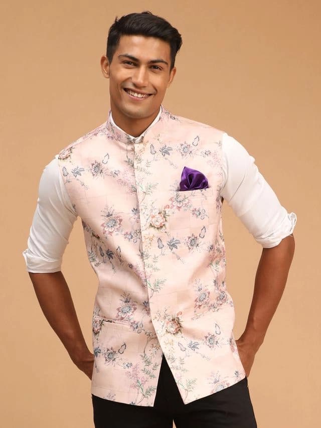 Men's Pink Casual Printed Nehru Jacket
