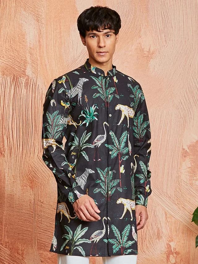 Men's Black Festive Printed Cotton Kurta