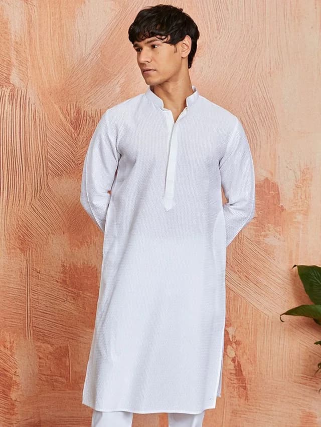 Men's White Festive Self-Design Cotton Kurta