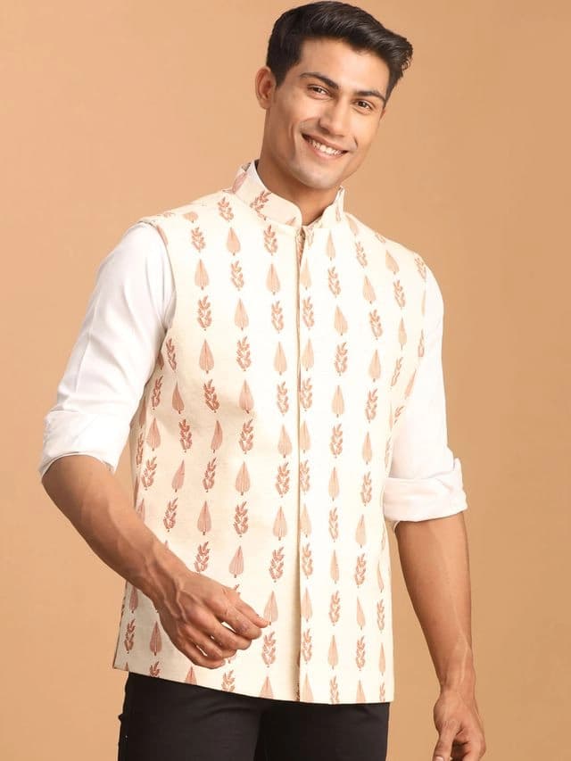 Men's White Casual Printed Nehru Jacket