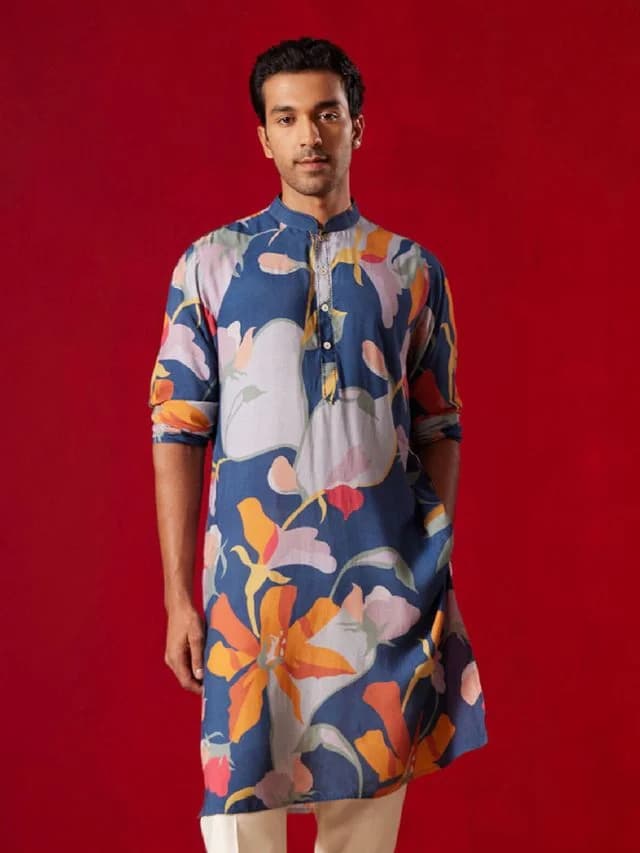 Men's Blue Festive Printed Cotton Kurta