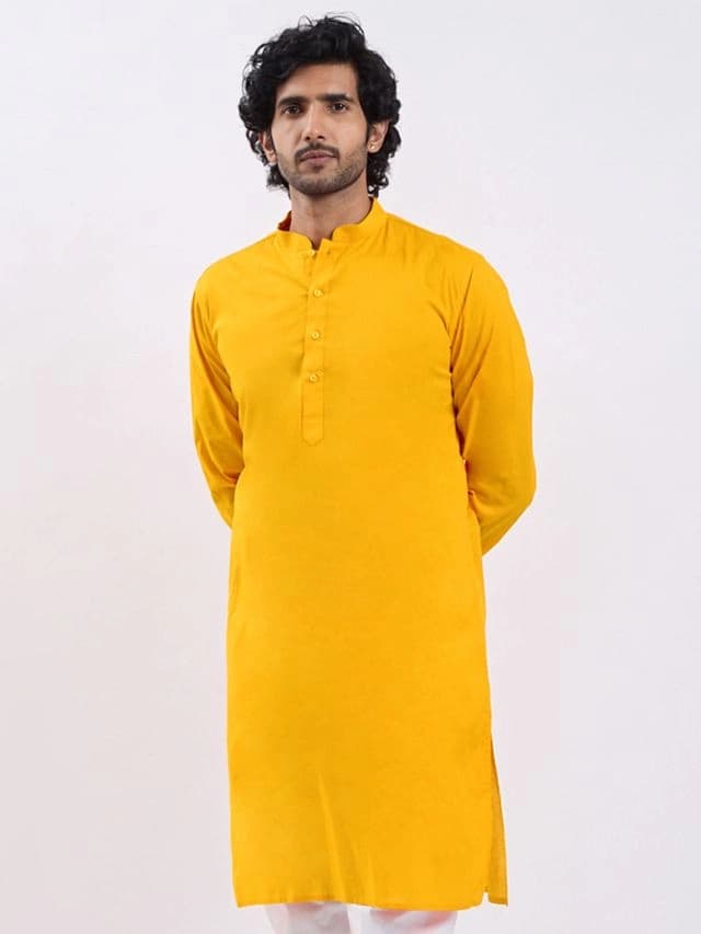 Men's Yellow Festive Solid Kurta