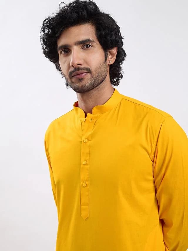 Men's Yellow Festive Solid Cotton Kurta