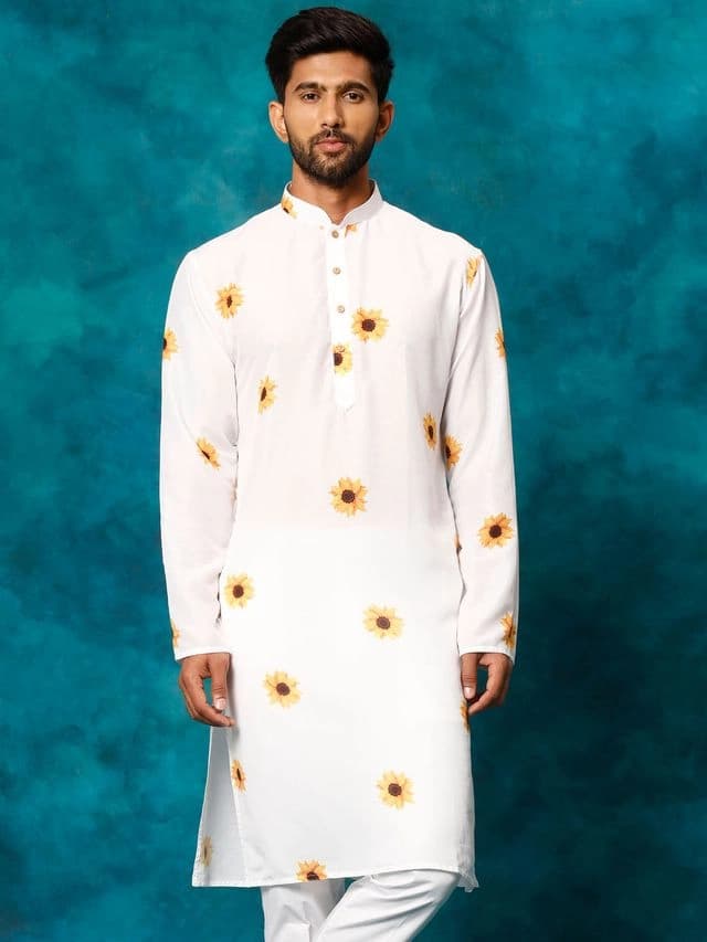 Men's White Festive Printed Kurta