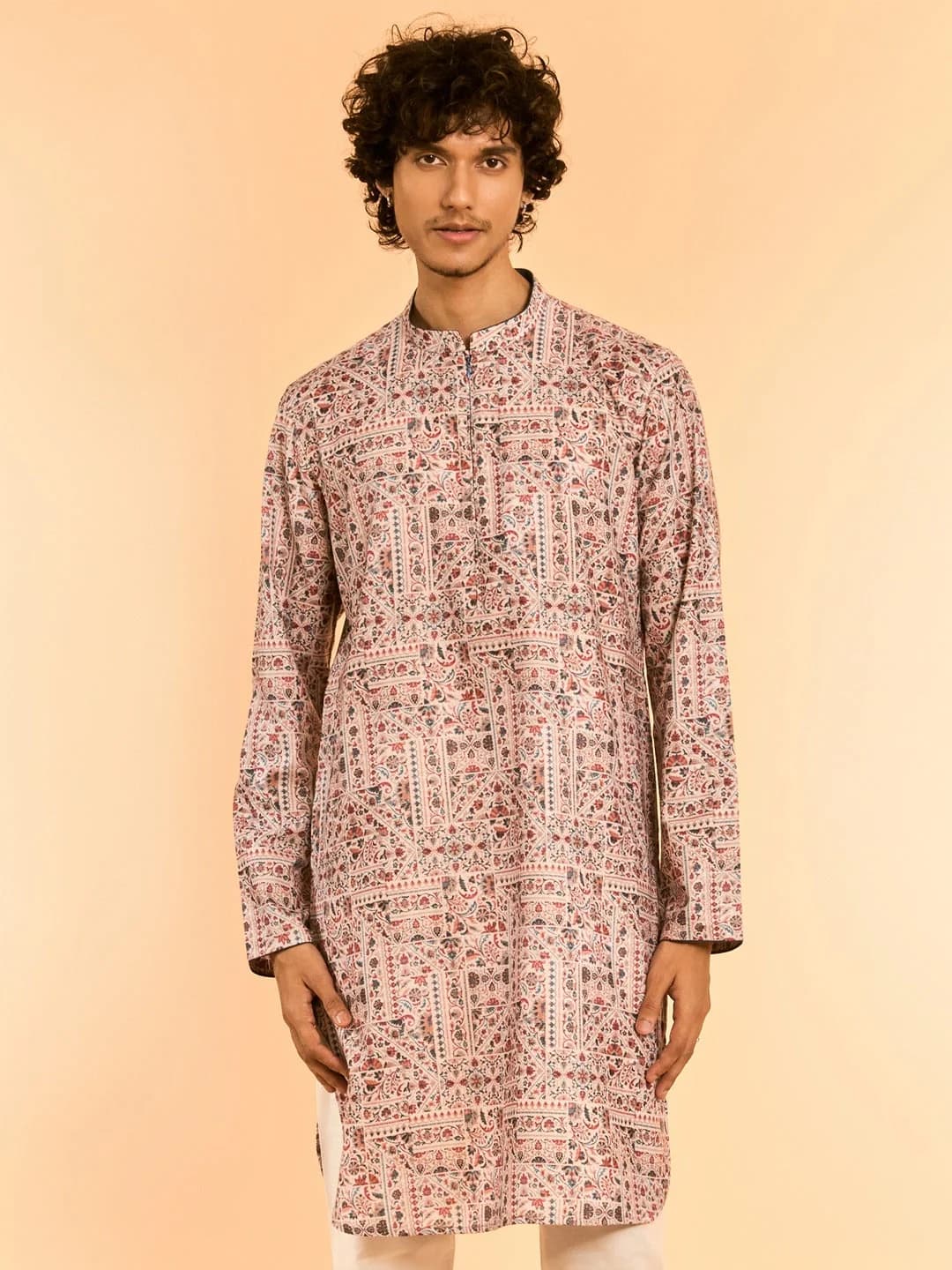 Men's Beige Festive Printed Cotton Kurta