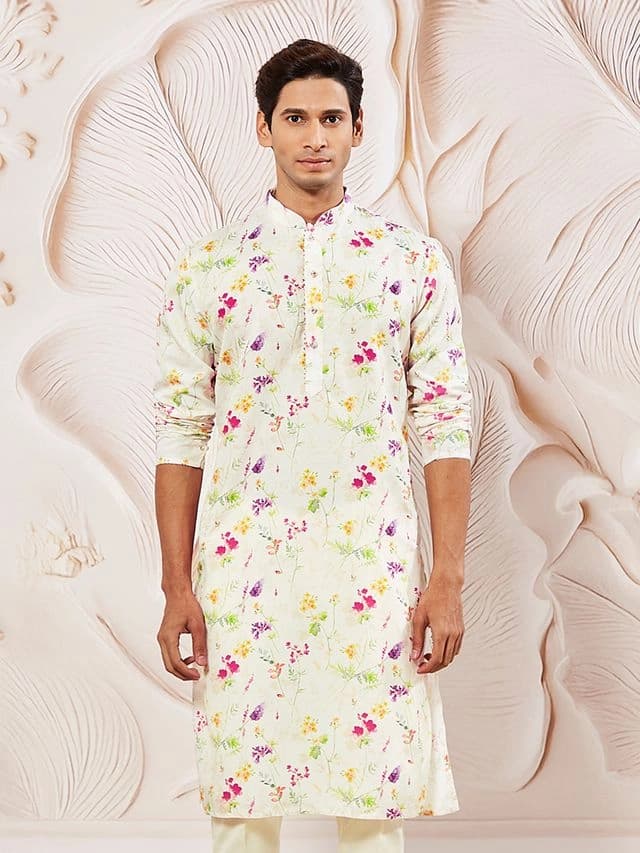 Men's White Festive Printed Kurta