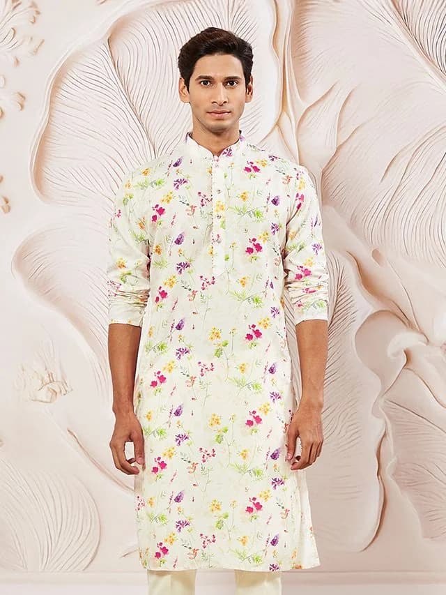 Men's White Festive Printed Cotton Kurta