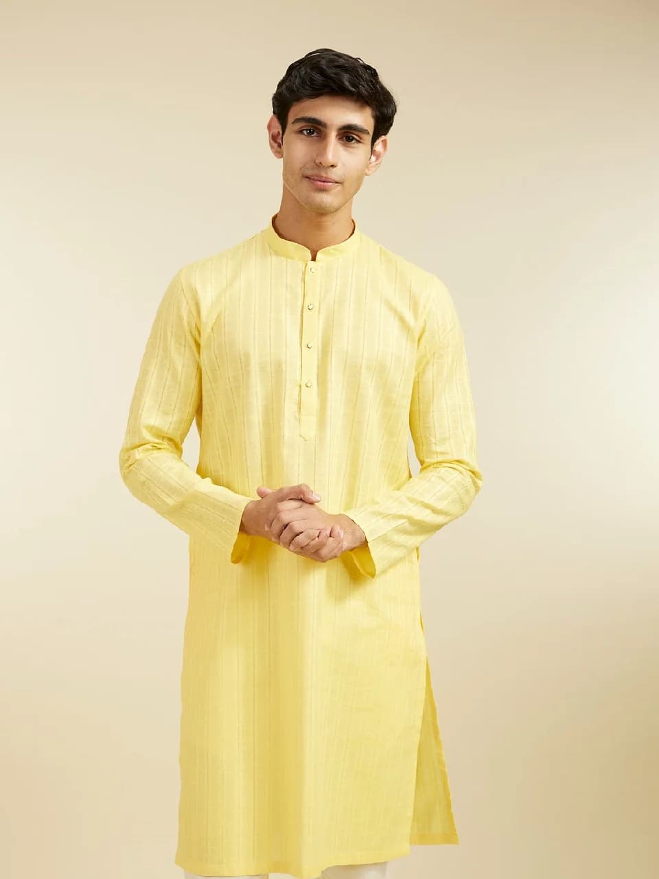 Men's Yellow Festive Solid Cotton Kurta