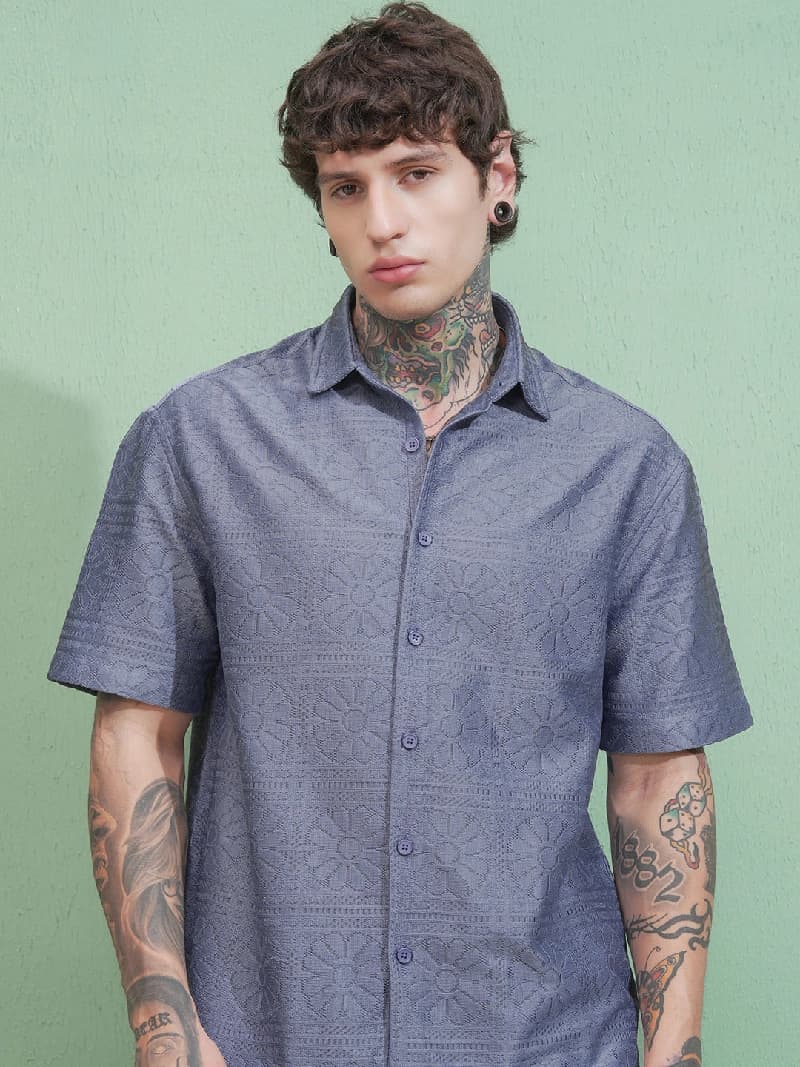Men's Blue Casual Textured Oversized Fit Shirt