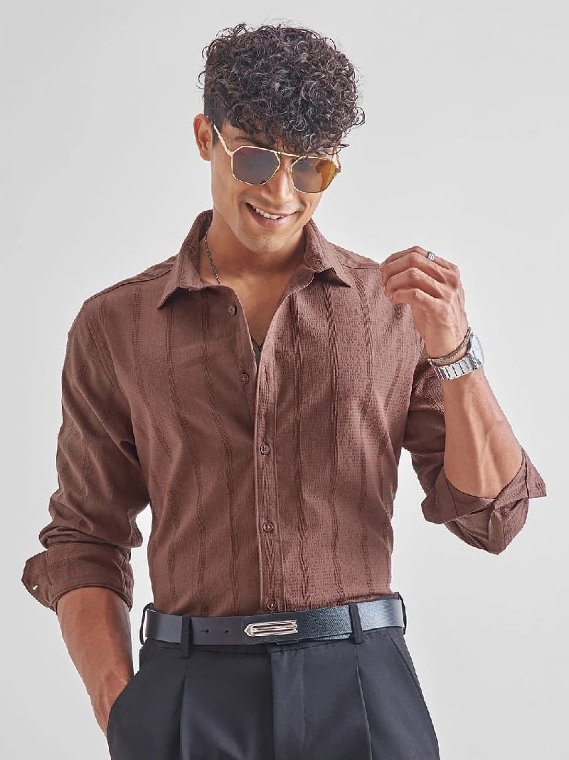 Men's Brown Casual Printed Slim Fit Shirt