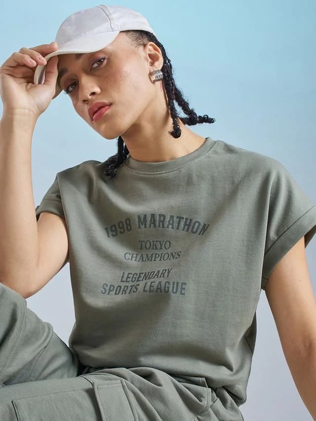 Women's Green Casual Printed Regular Fit Tshirt