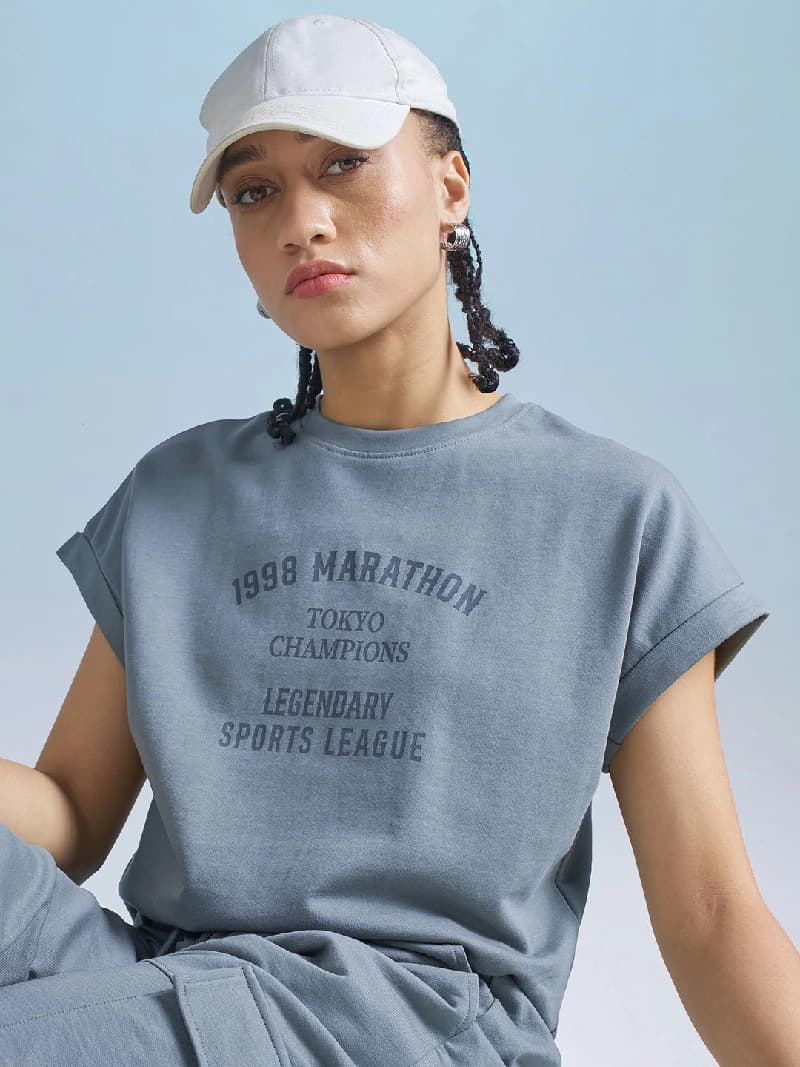 Women's Blue Casual Printed Regular Fit Half Sleeves Tshirt