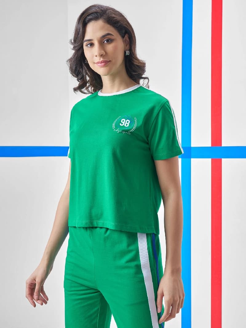 Women's Green Casual Printed Oversized Fit Tshirt