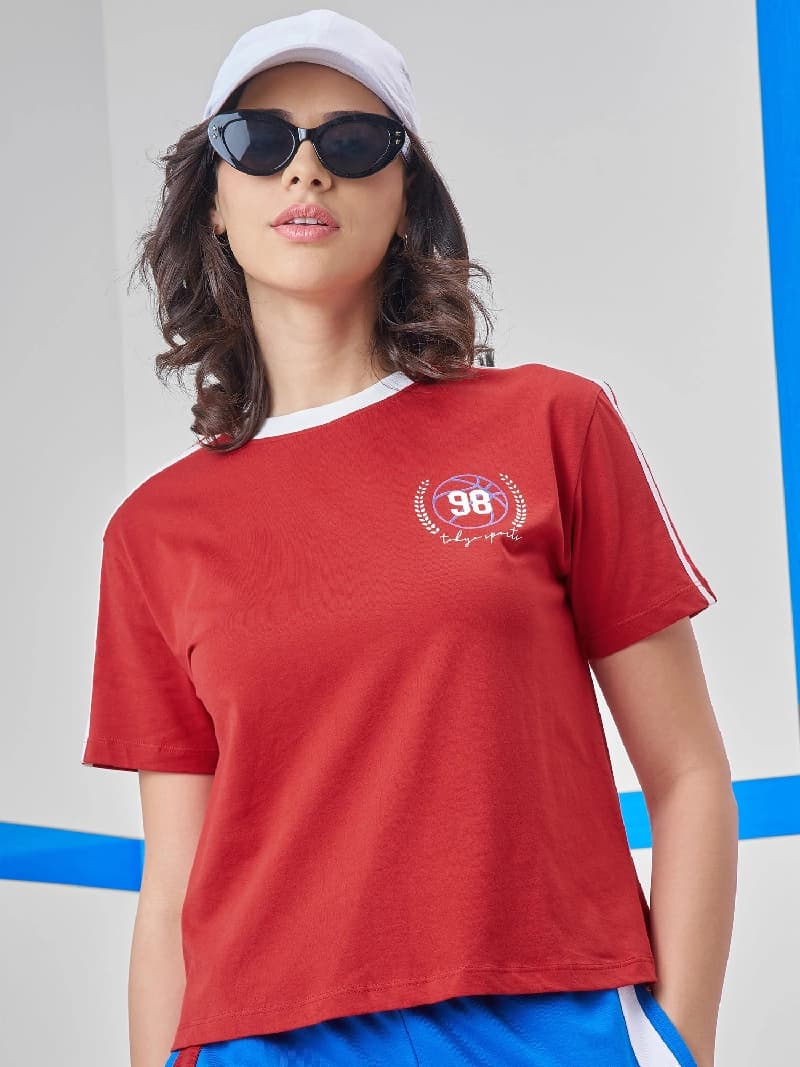 Women's Red Casual Printed Oversized Fit Tshirt