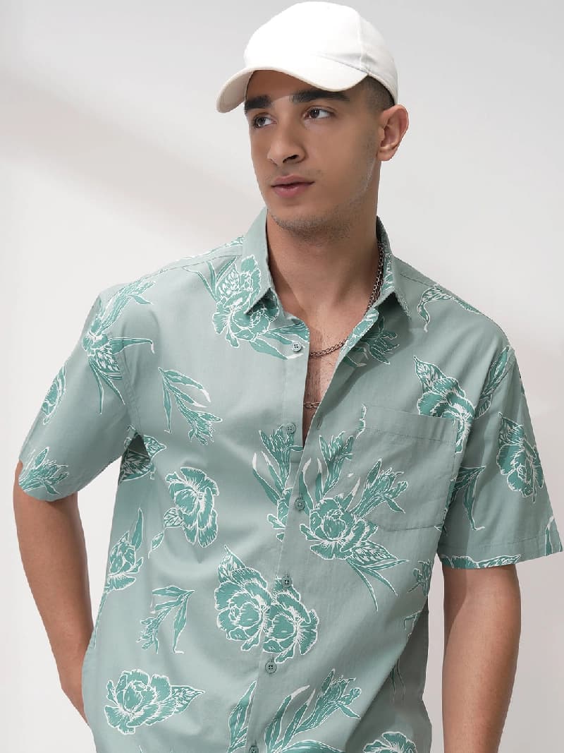 Men's Green Casual Printed Regular Fit Shirt