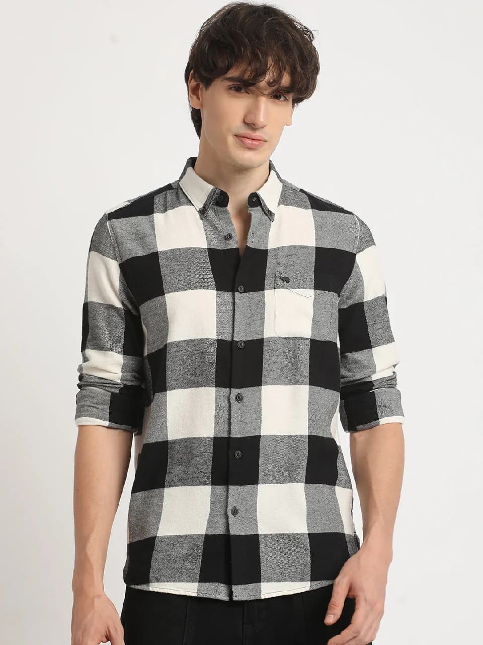Men's Black Casual Checked Slim Fit Cotton Shirt