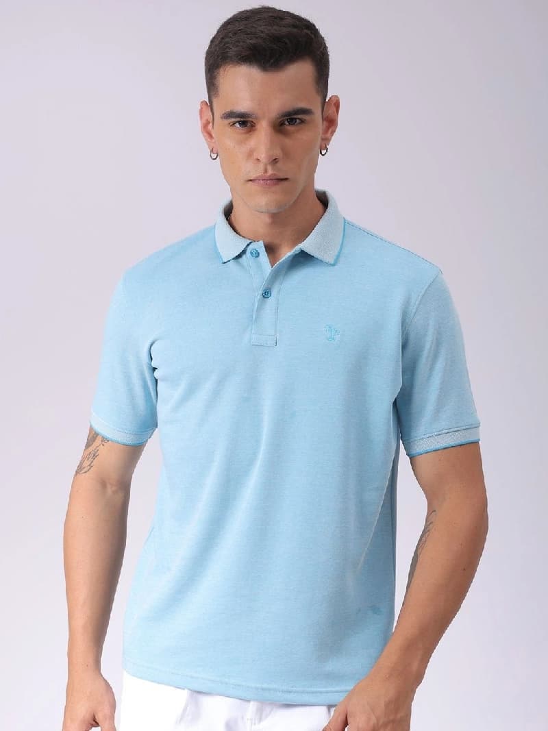 Men's Blue Casual Self-Design Regular Fit Tshirt