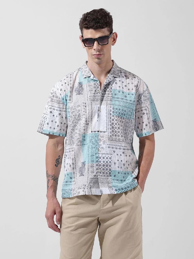 Men's Beige Casual Printed Regular Fit Shirt