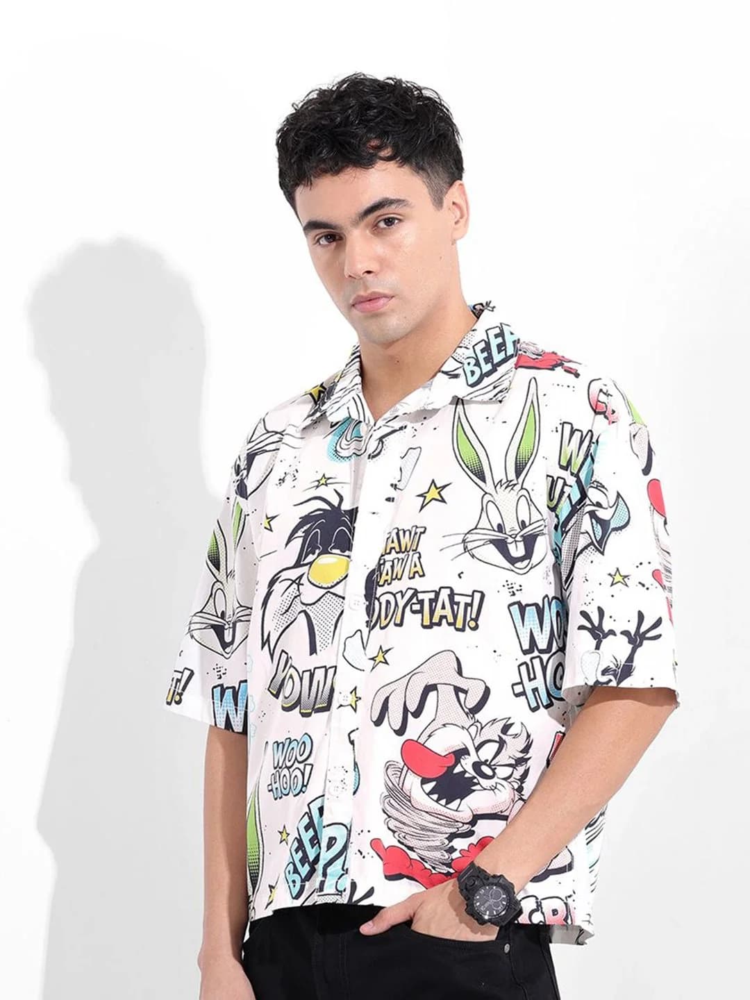 Men's White Casual Printed Oversized Fit Shirt
