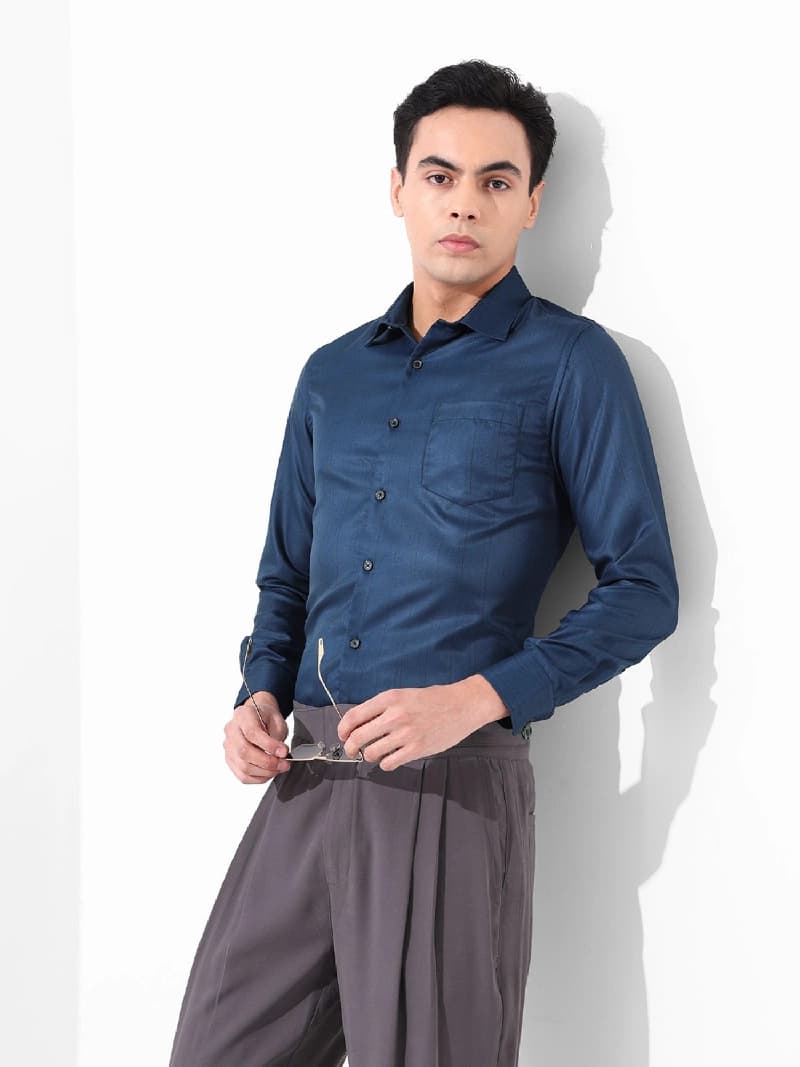 Men's Blue Formal Striped Slim Fit Shirt
