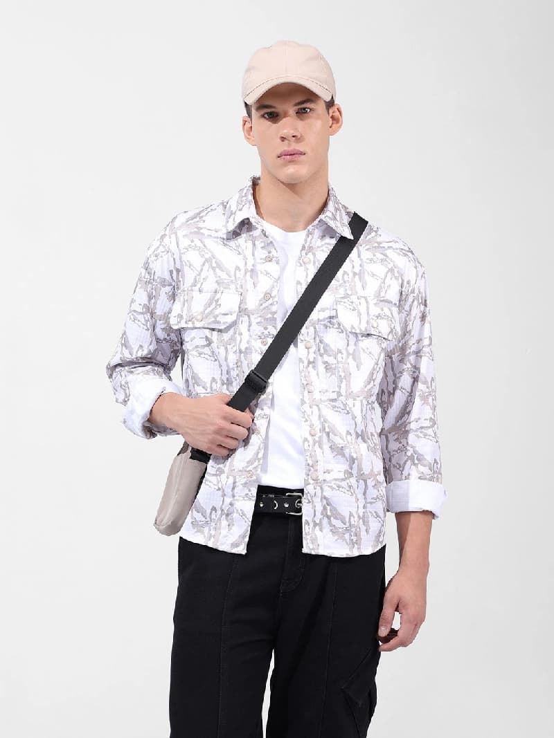 Men's White Casual Printed Regular Fit Shirt