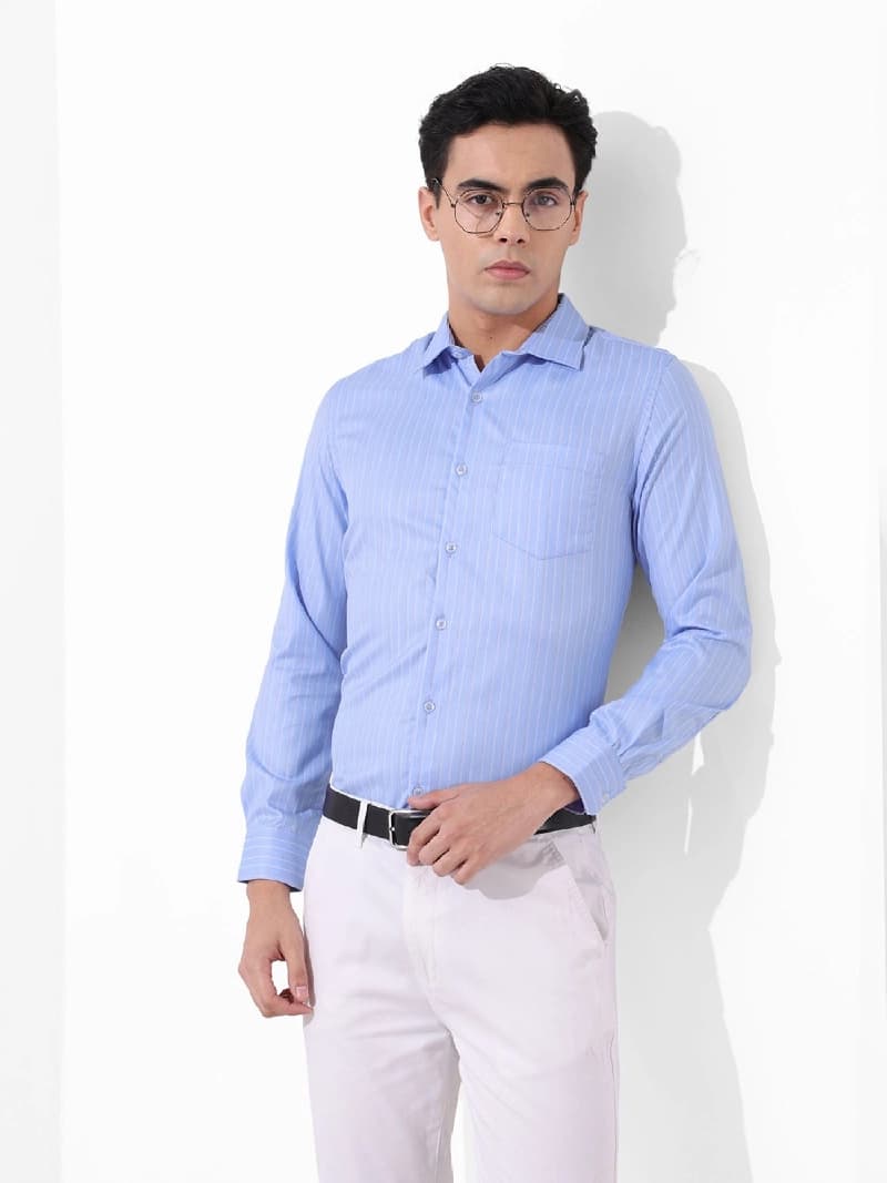Men's Blue Formal Striped Slim Fit Shirt