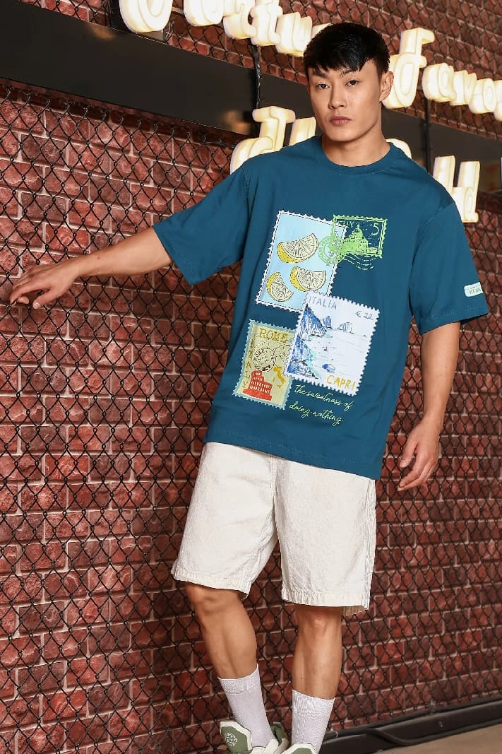 Unisex Blue Casual Printed Oversized Fit Tshirt