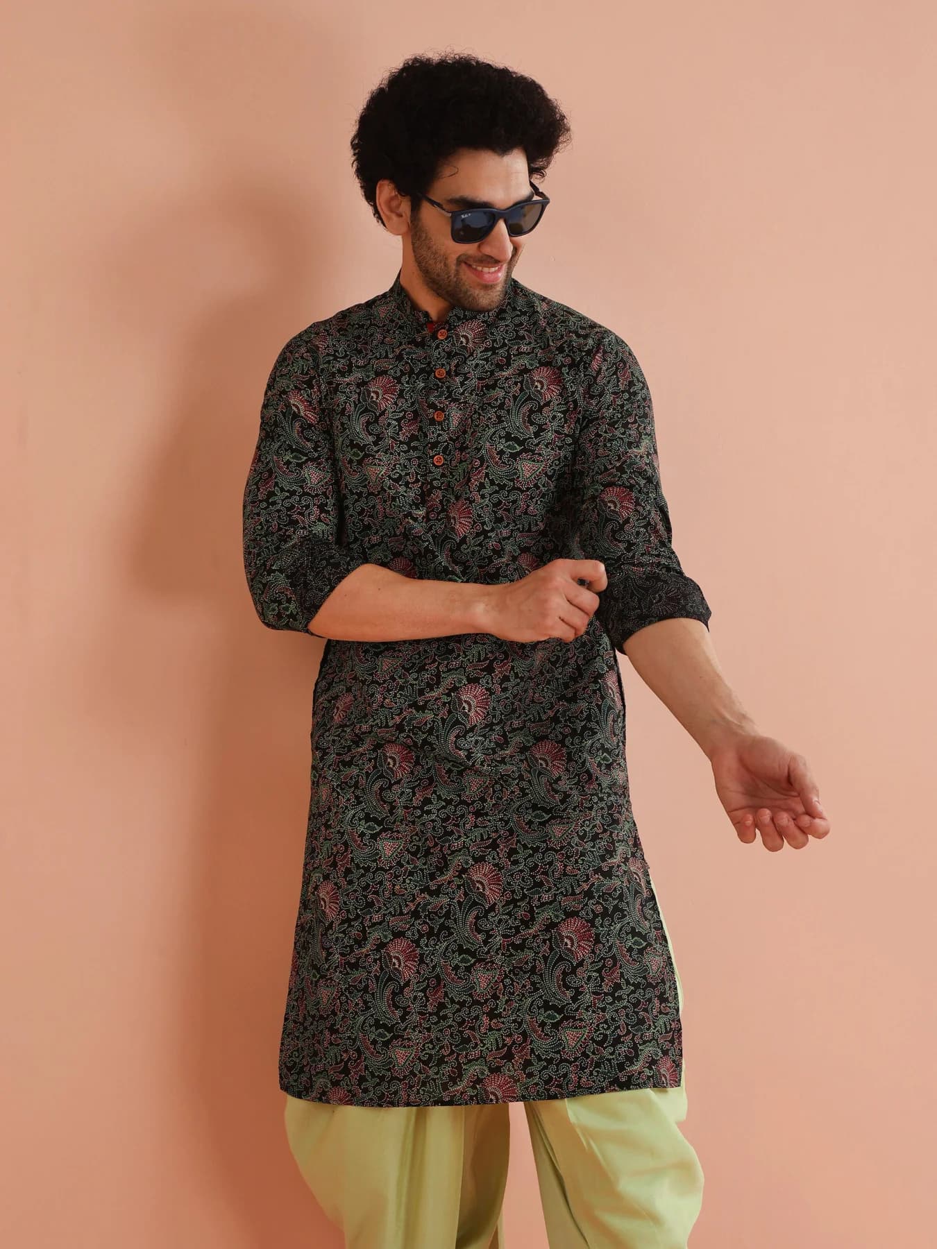 Men's Black Festive Printed Regular Fit Cotton Kurta