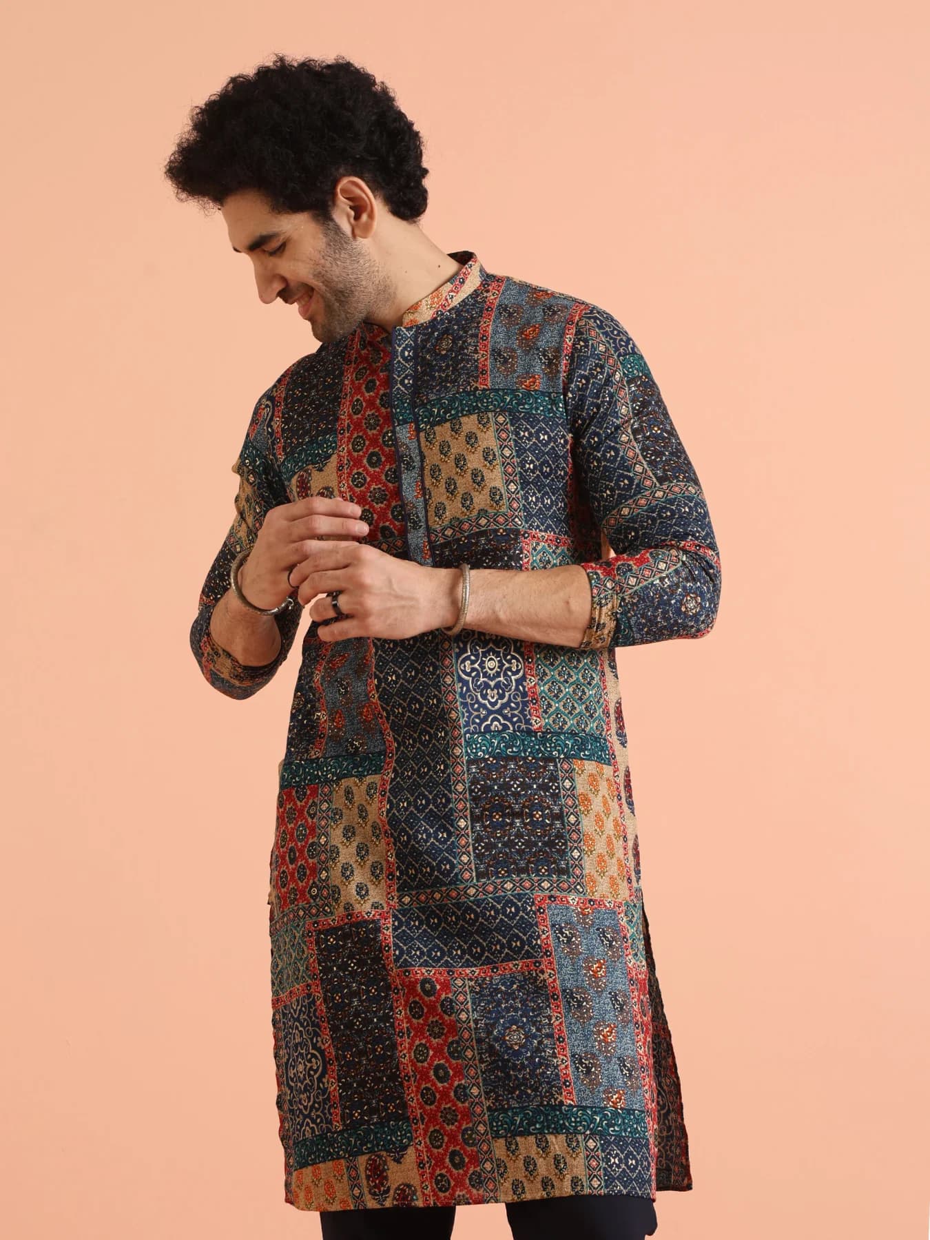 Men's Multicolor Festive Printed Regular Fit Cotton Kurta