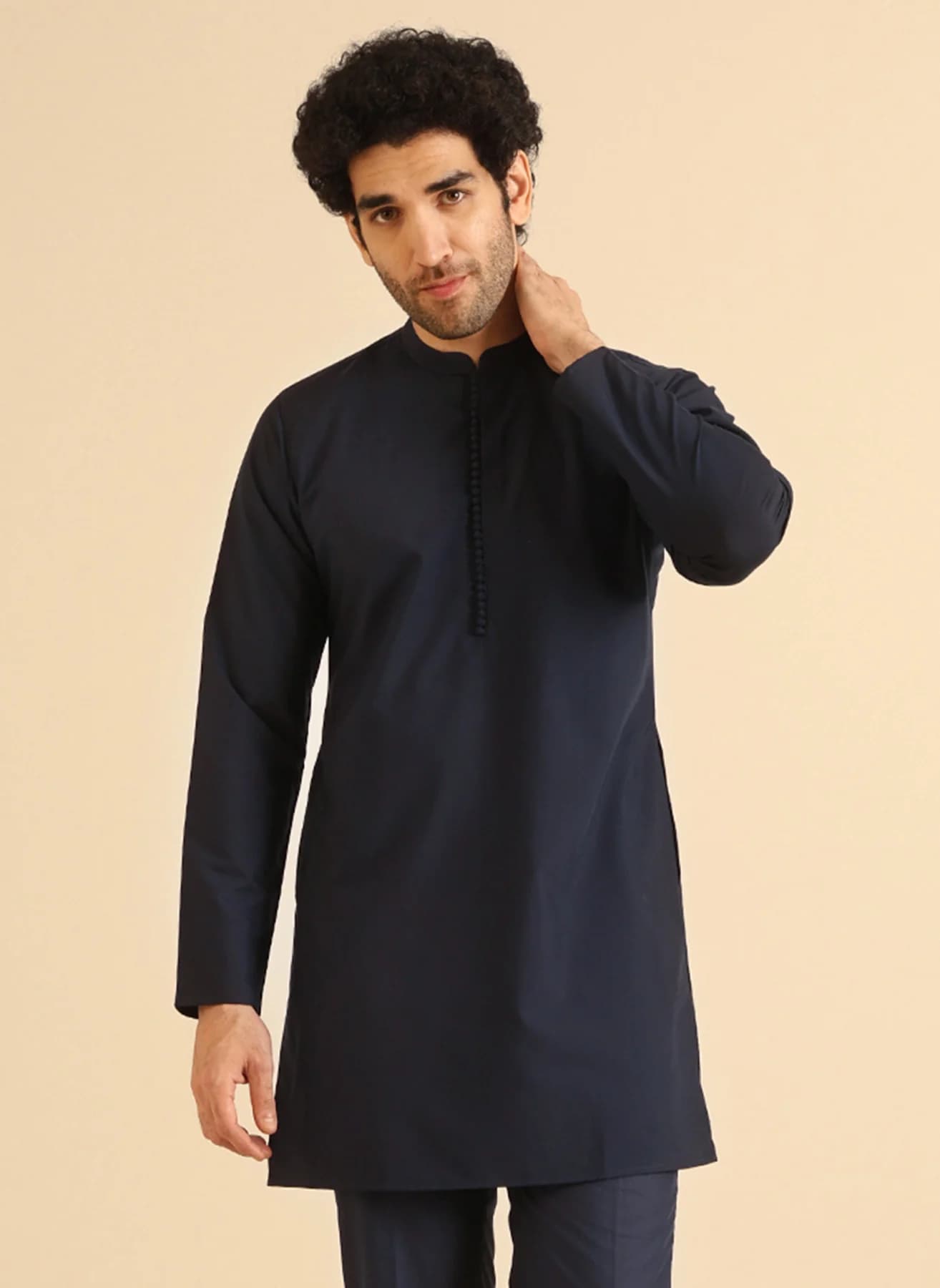 Men's Navy Festive Solid Regular Fit Cotton Kurta