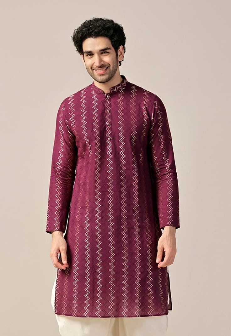 Men's Purple Festive Textured Regular Fit Kurta