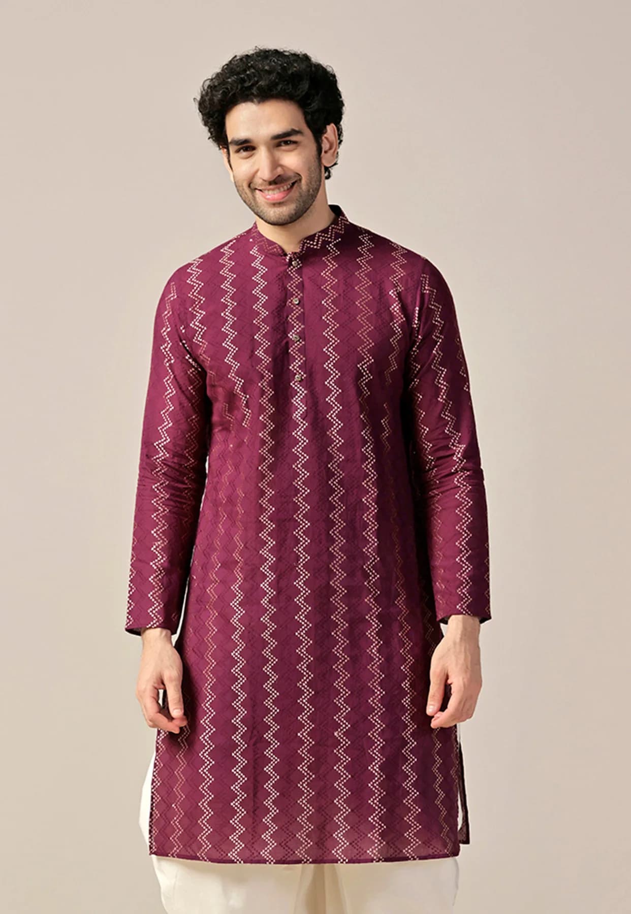 Men's Purple Festive Textured Regular Fit Cotton Kurta