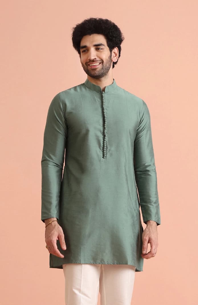Men's Green Festive Solid Regular Fit Kurta