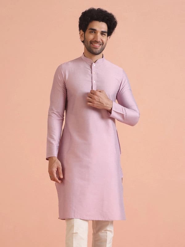 Men's Pink Festive Solid Regular Fit Kurta