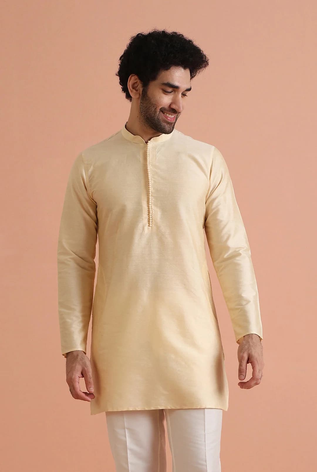 Men's Beige Festive Solid Regular Fit Short Cotton Kurta