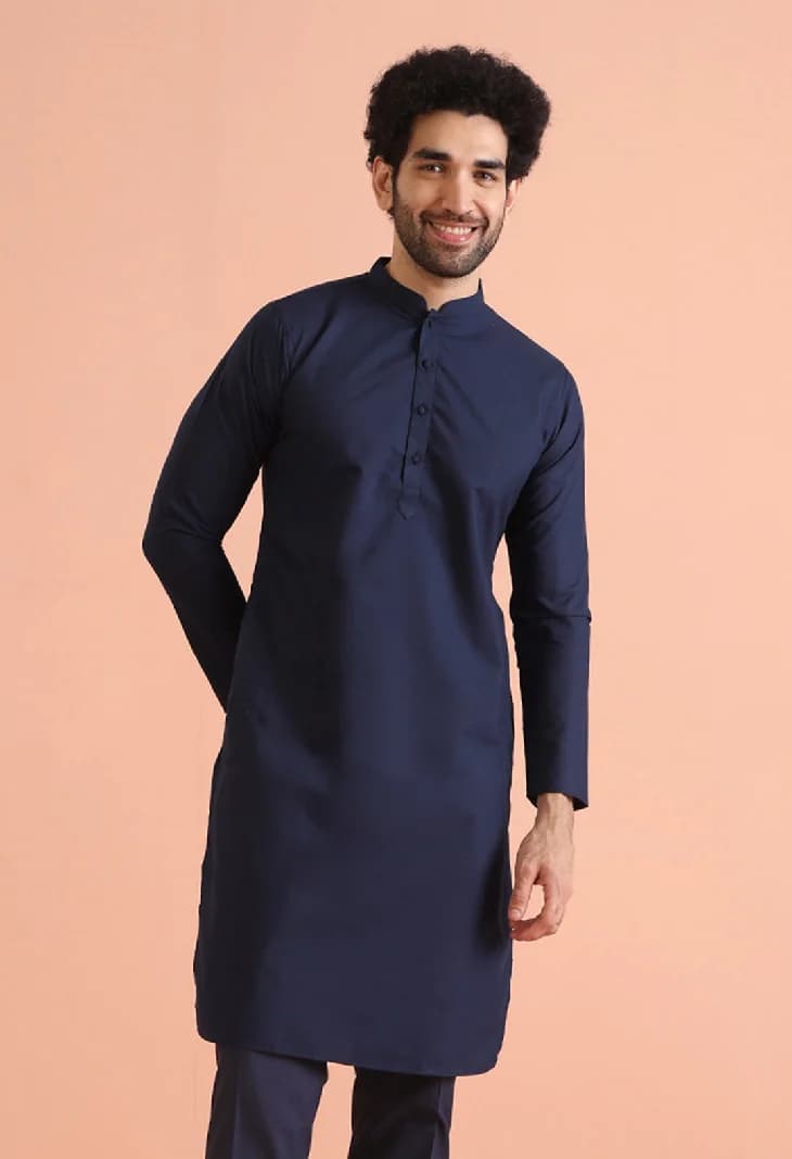 Men's Navy Festive Solid Regular Fit Cotton Kurta