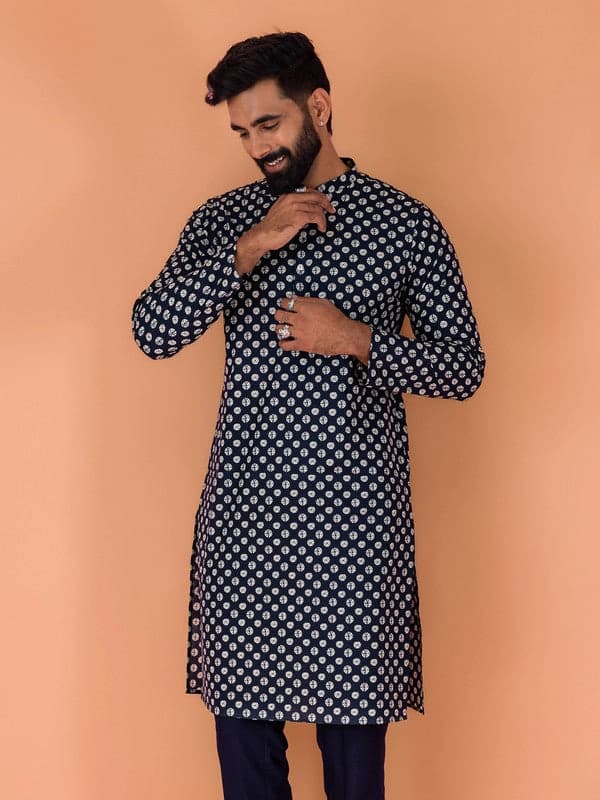 Men's Navy Festive Printed Regular Fit Kurta