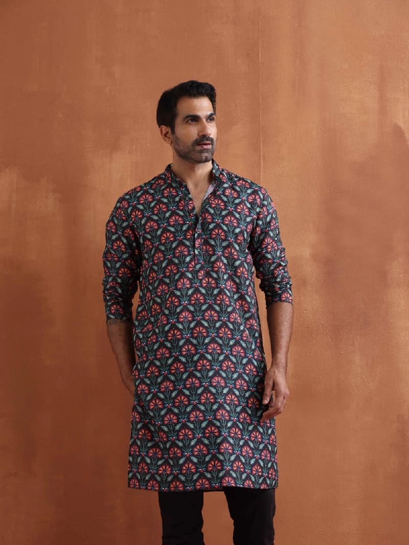Men's Black Festive Floral Regular Fit Kurta