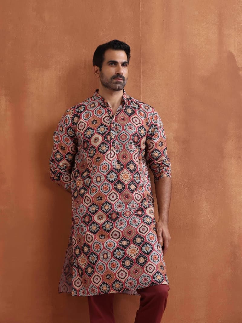 Men's Orange Festive Geometric Regular Fit Kurta