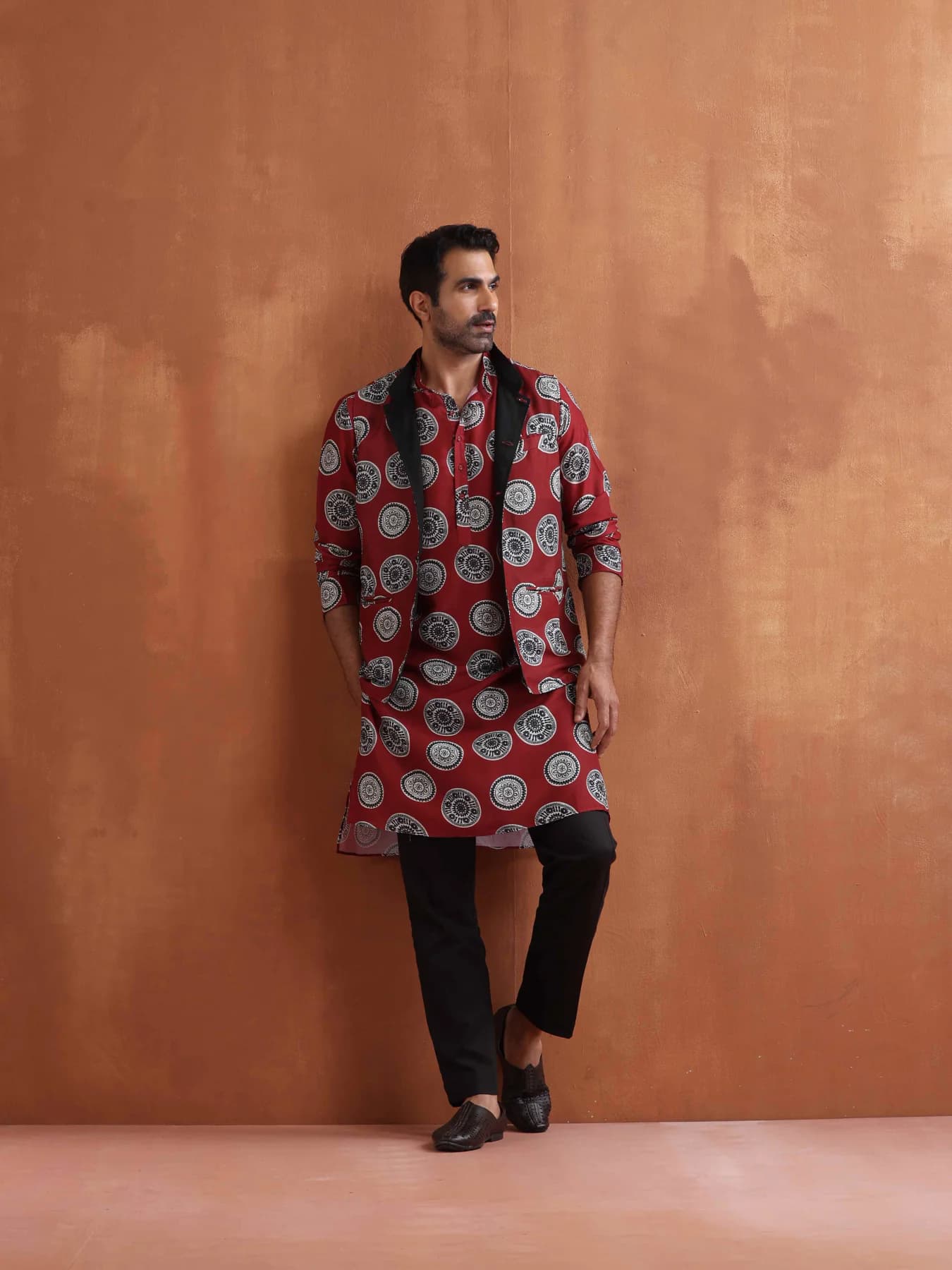 Men's Orange Festive Polka Dot Regular Fit Kurta
