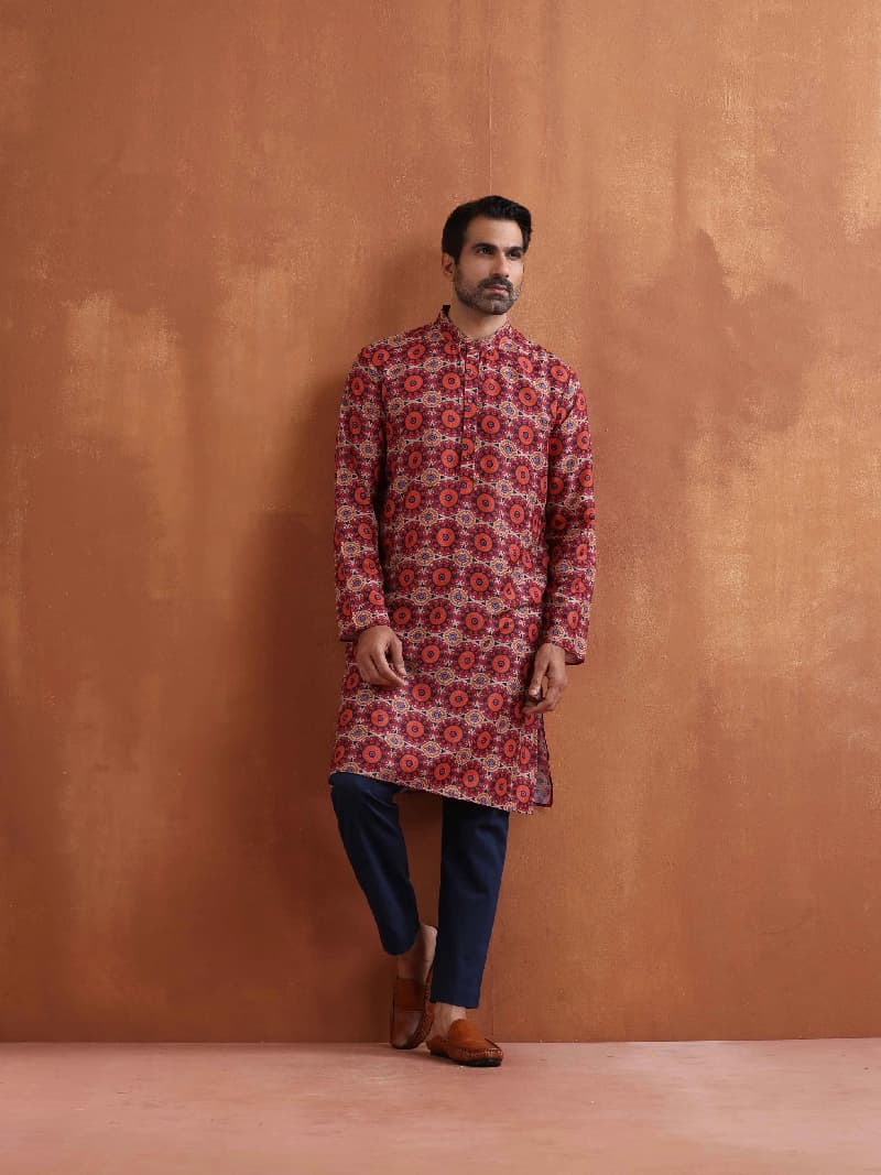 Men's Red Festive Polka Dot Regular Fit Kurta