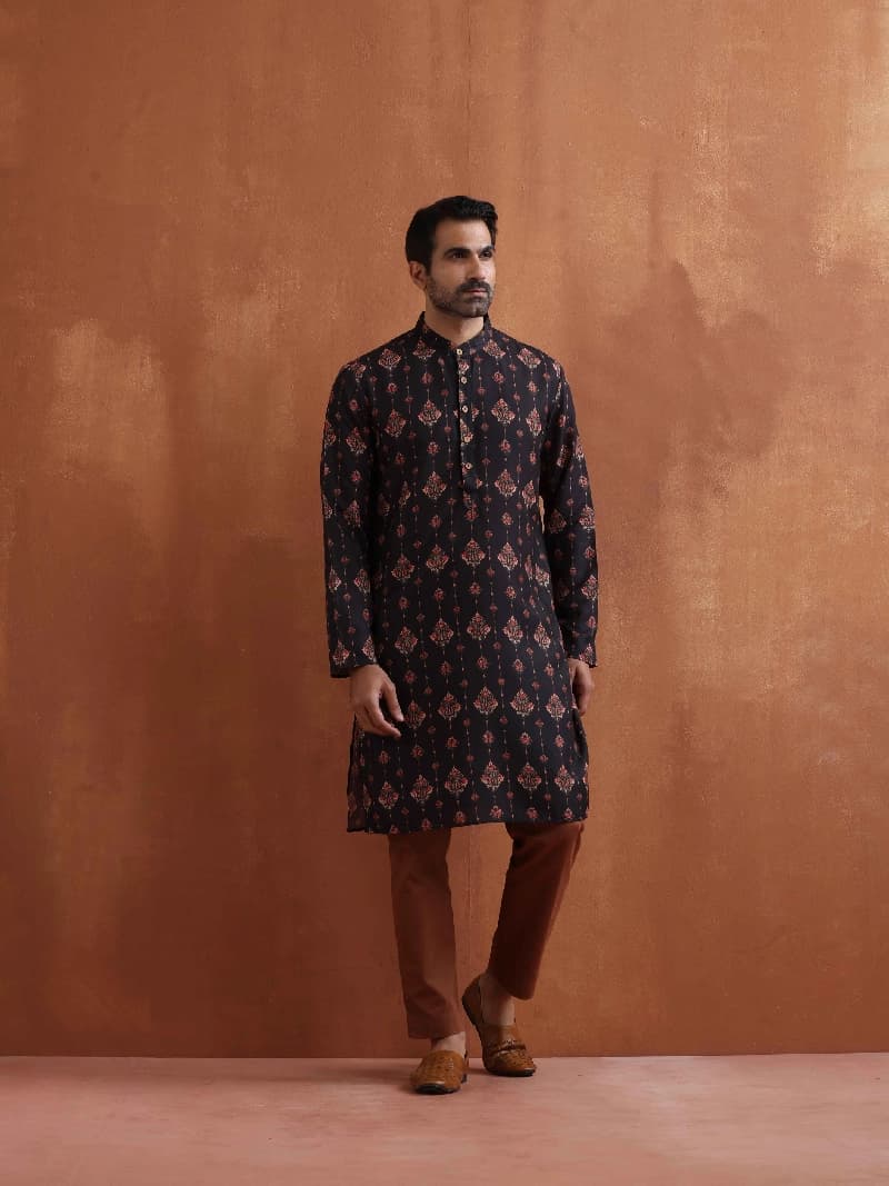 Men's Black Festive Geometric Regular Fit Kurta