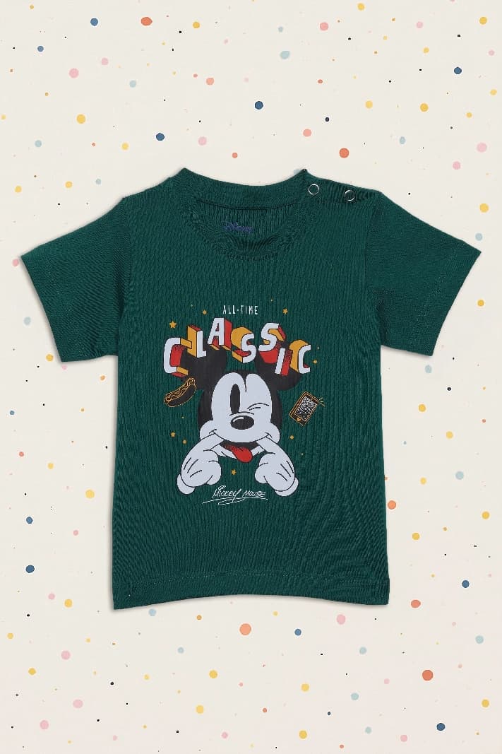 Boys Green Mickey Mouse Plastisol Printed Tshirt