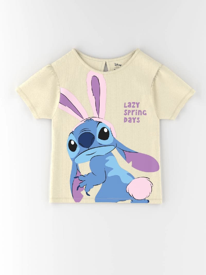 Girls Cotton Yellow Lilo and Stitch Print Tshirt