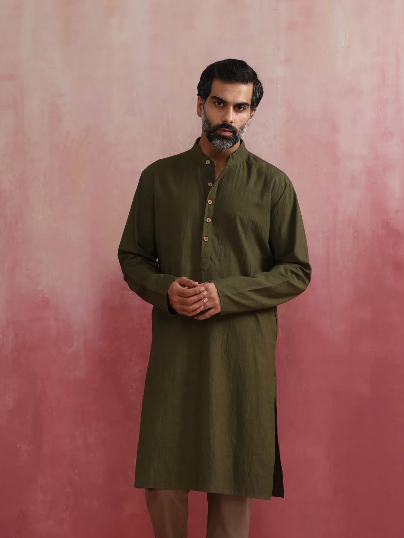 Men's Green Festive Solid Regular Fit Cotton Kurta