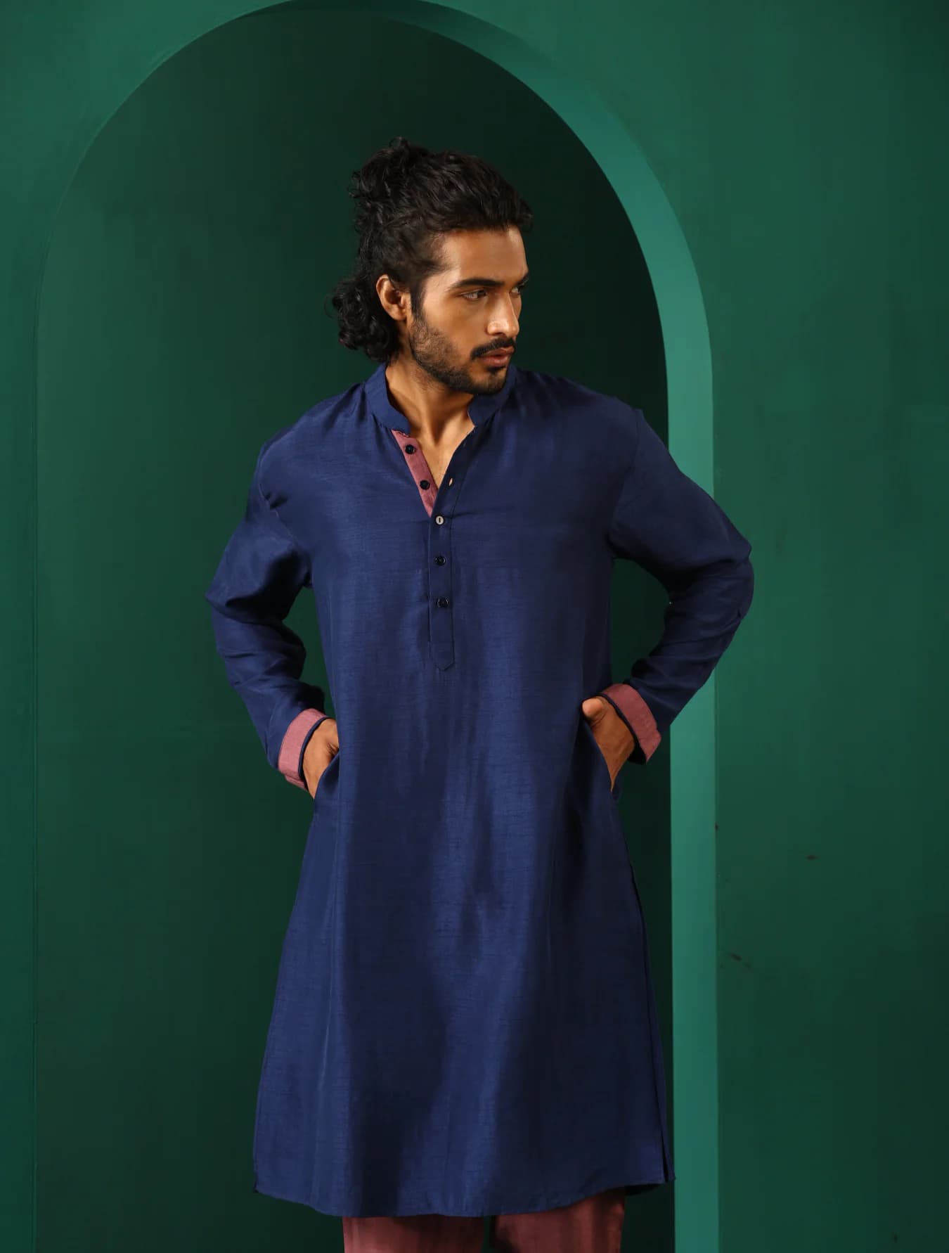 Men's Blue Festive Solid Regular Fit Silk Kurta