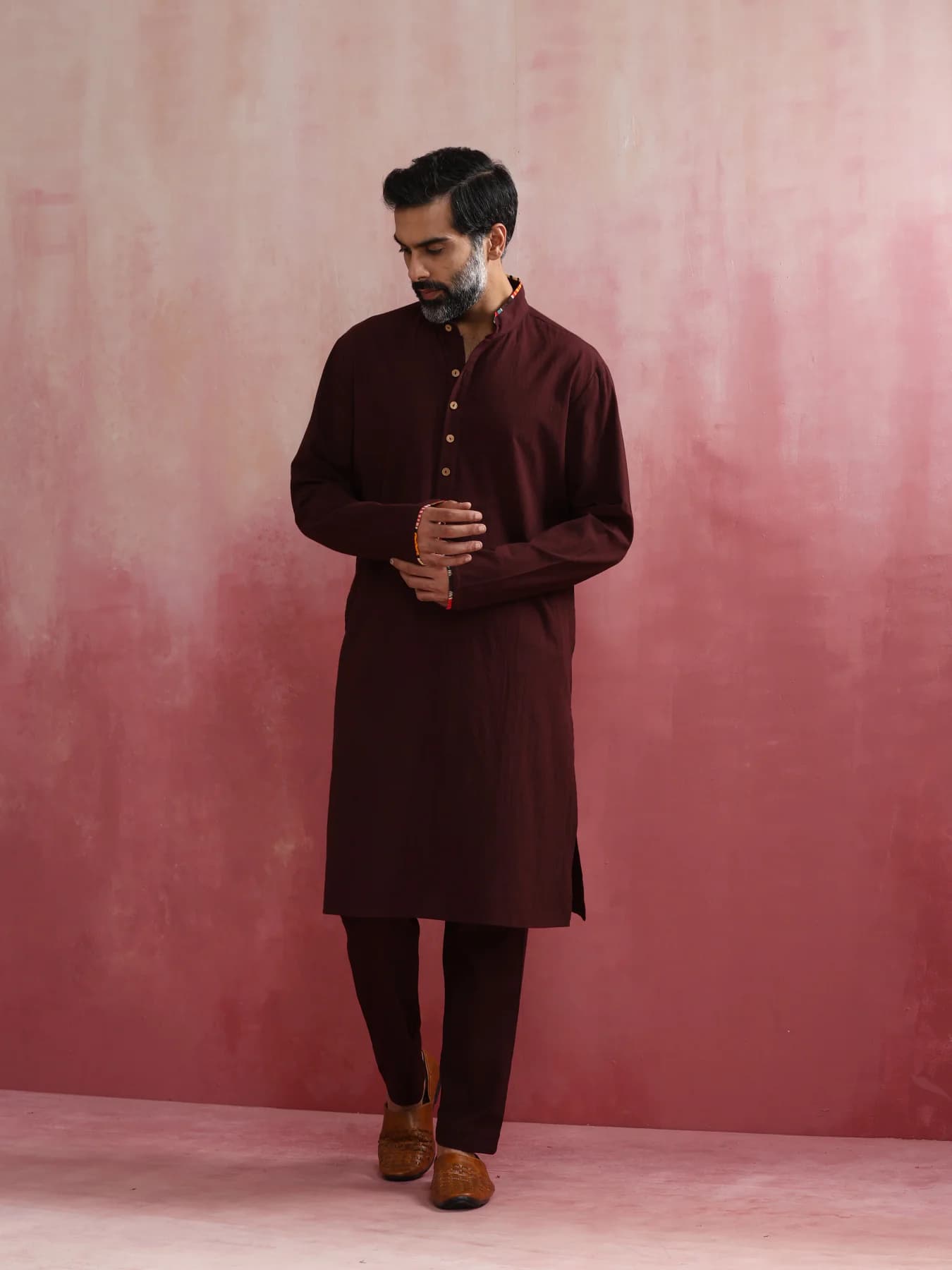 Men's Brown Festive Solid Regular Fit Cotton Kurta
