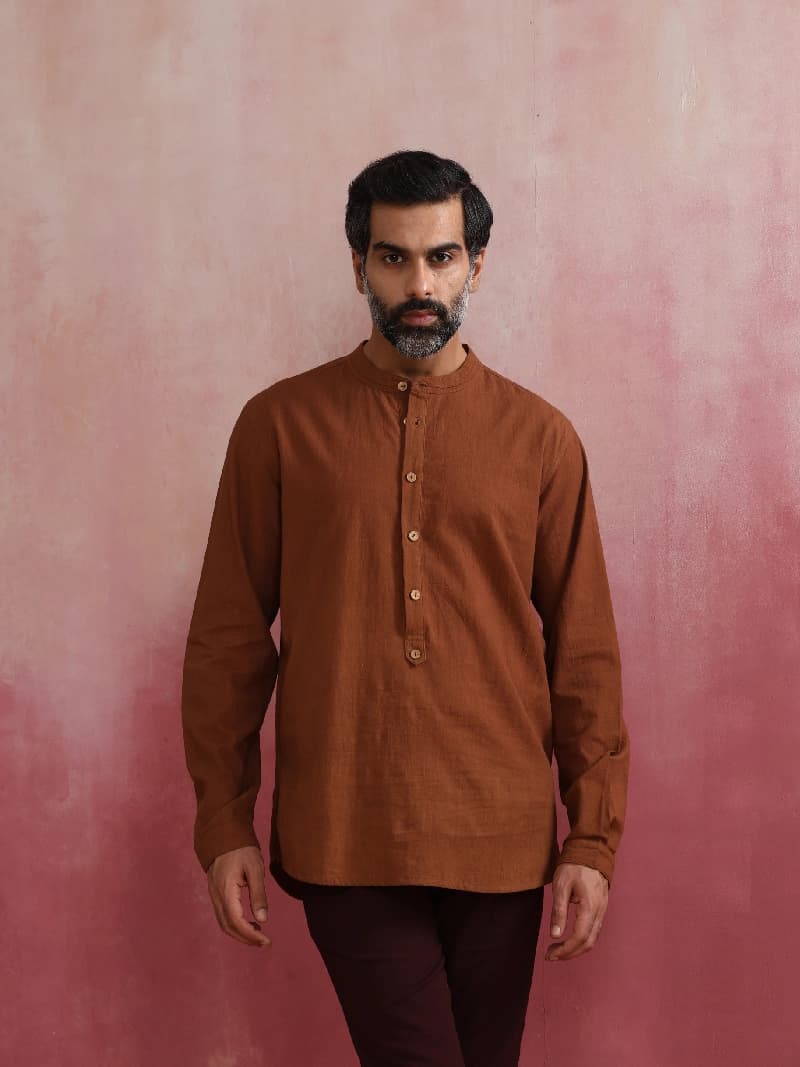 Men's Brown Festive Solid Regular Fit Kurta