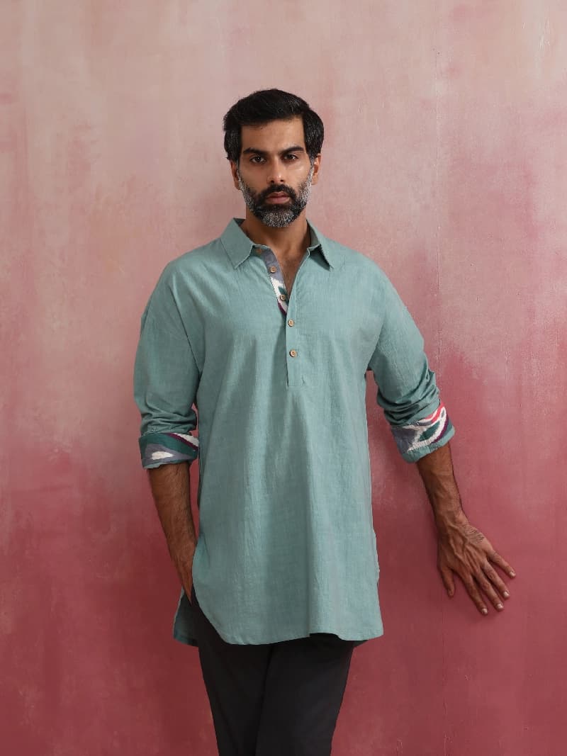 Men's Blue Festive Solid Regular Fit Kurta