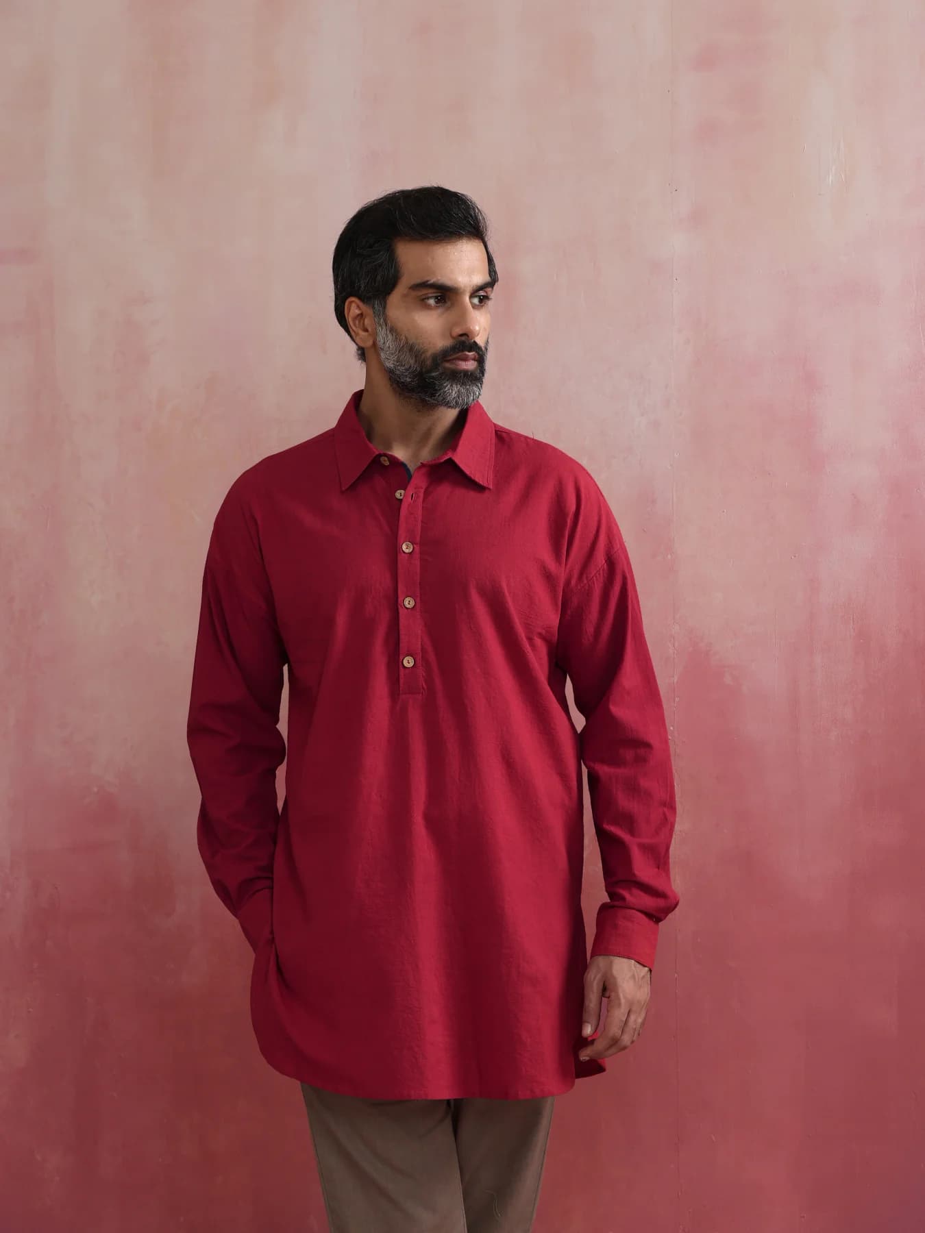 Men's Red Festive Solid Regular Fit Cotton Kurta